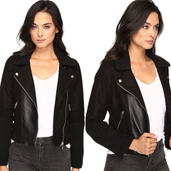 NWT Blank NYC Suede Leather + Cable Knit Moto Biker Jacket Black New With Tags S - Picture 1 of 11